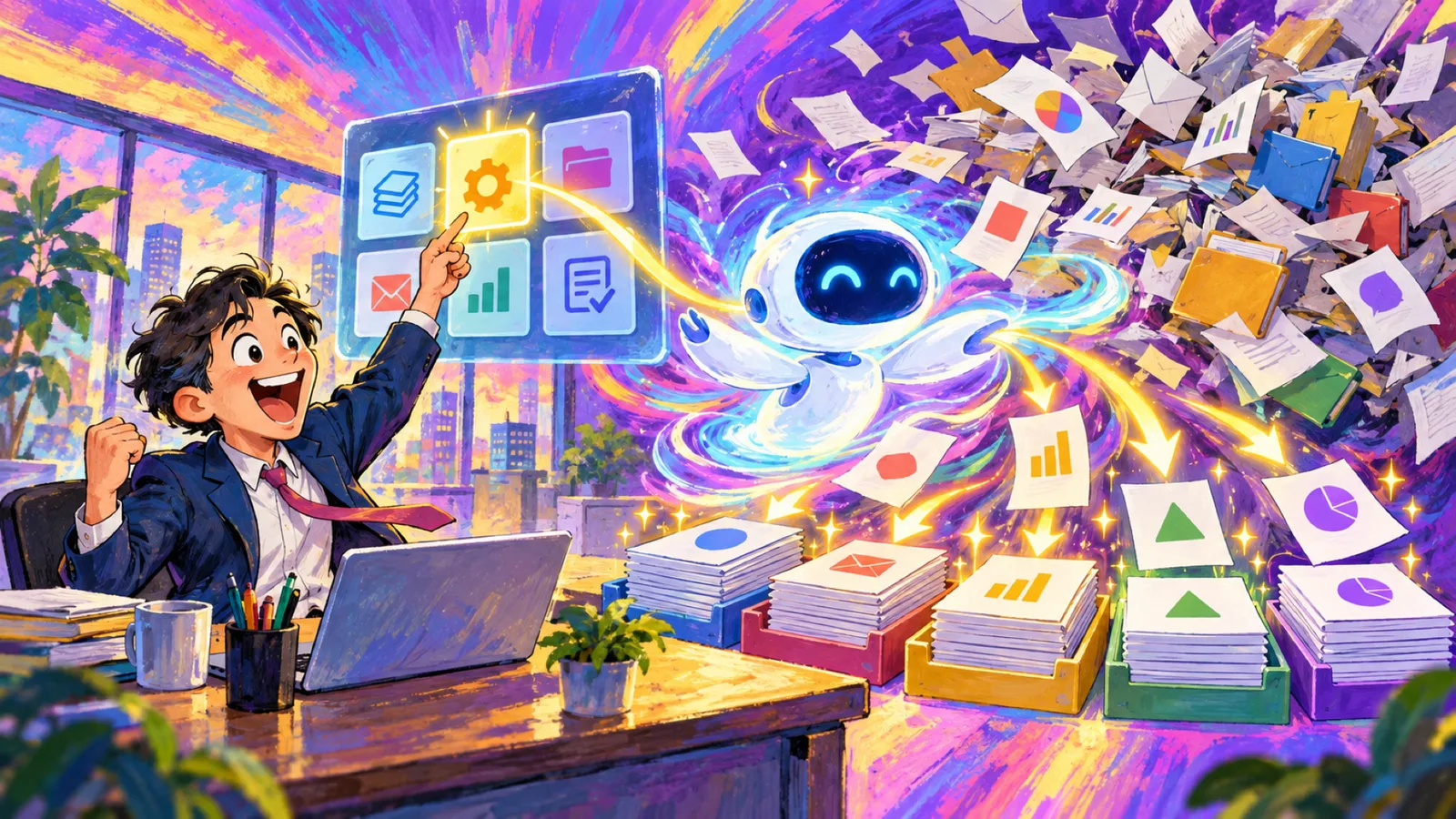 AIアシスタントに保存した指示ボタンを押し、ロボットがたまった書類を一気に仕分けていくのを見て喜ぶ会社員のイラスト